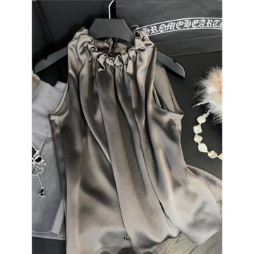 (免運)醋酸緞面掛脖背心女2025年夏季立體褶皺領設計感小眾氣質無袖襯衫