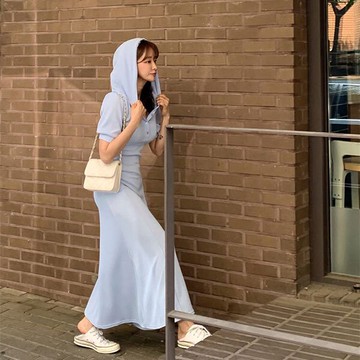 ANNAS 正韓 洋裝 連帽 排扣 螺紋 腰身 連身裙 短袖 長裙 長洋裝 A字裙 大裙襬 顯瘦 性感 韓國