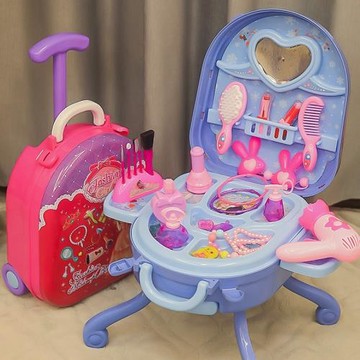 跨境化妝品盒套裝兒童過家家梳妝臺女孩幼兒園拉桿旅行箱玩具禮物