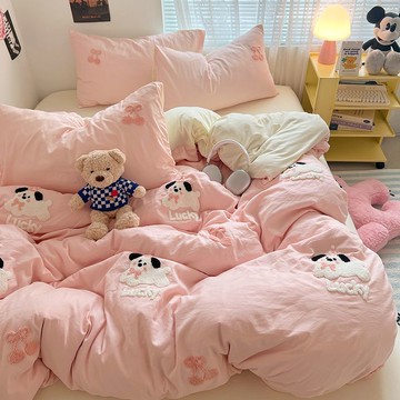 【台灣發貨】少女粉櫻桃狗毛巾水洗棉毛巾繡四件組可愛卡通被單被罩床笠學生宿捨三件套床上用品 可愛卡通床罩 被套 床包床罩