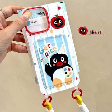 卡包掛繩殼適用蘋果16PRO企鵝畫畫手機殼iphone13/XR蝴蝶結tpu保護套