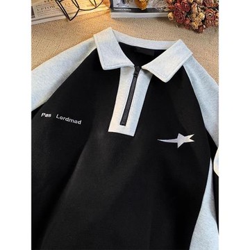 美式polo衫短袖男女夏季撞色拼接情侶T恤半拉鏈翻領寬松半袖上衣