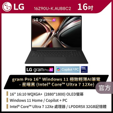 LG gram Pro 16吋極致輕薄AI筆電-曜石黑(Core Ultra7 12Xe/32GB/1TB/Win11/WQXGA/16Z90U-K.AUB8C2)