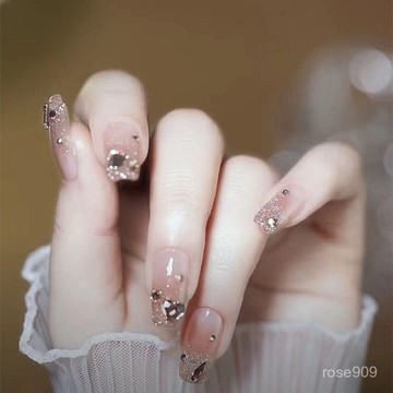 ➕最新設計款穿戴甲💅純手工穿戴甲亮閃顯白輕奢高級感夏季漸變色美甲十指貼片可拆卸短梯穿戴甲 WIEG