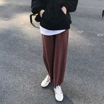 chic高腰加厚針織長褲墜感顯瘦闊腿褲百搭休閑褲女潮1入