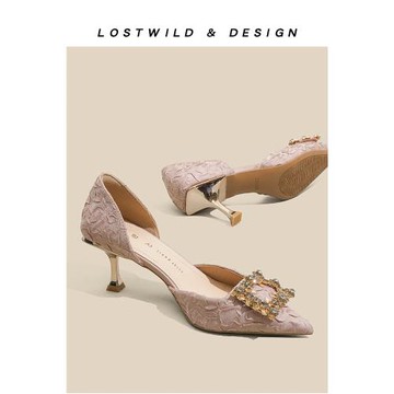 LOSTWILD法式水鉆方扣尖頭單鞋女2024新款春氣質新伴娘婚紗高跟鞋