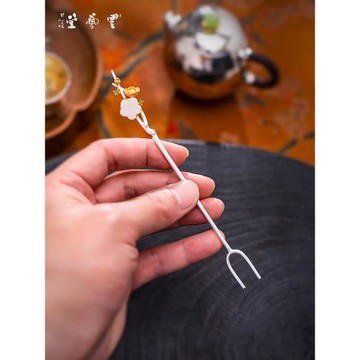 云藝堂 純銀925創意壺叉文創好看的和田玉碧玉鑲嵌壺叉蘇工高品質