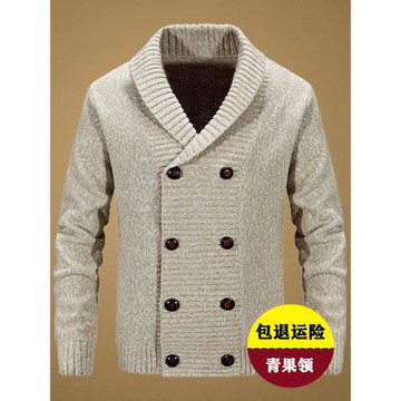 外貿原單秋冬男士保暖寬松青果領長袖針織開衫翻領黑色毛線外套厚