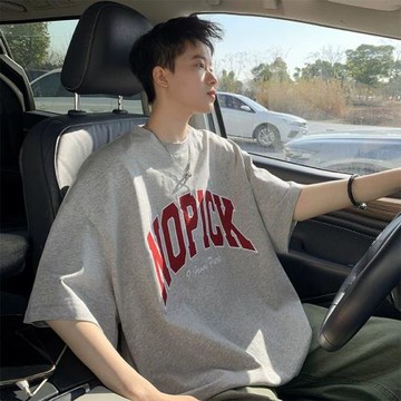 重磅港風灰色短袖t恤男夏季美式潮牌寬松字母青少年休閑圓領半袖