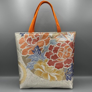 和服 腰帶 腰帶繩 手工 托特包 改造 粉色 銀色 佐賀錦 草花丸文 正絹