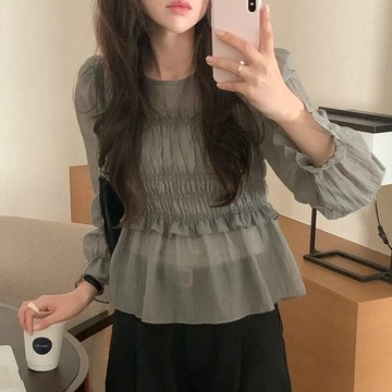 ˏˋ𝐻𝑒𝑦 𝑆𝑝𝑟𝑖𝑛𝑔 - ̗̀🌷⛅️ 韓系春季法式溫柔甜美木耳邊皺褶收腰顯瘦荷葉袖薄款雪紡衫上衣