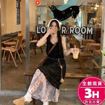 【梨卡】隔日到貨 女裝 洋裝 針織 吊帶 中長版 鏤空吊帶 針織v領 罩衫 百搭上衣 度假洋裝JR070