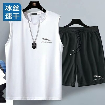 【夏季】冰絲背心男夏季美式潮牌運動坎肩薄款短褲套裝大碼網眼無袖t恤