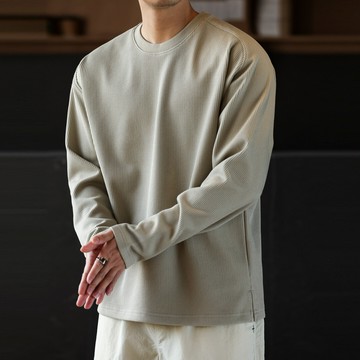 Wuluwear 美式休閒320g重磅坑條長袖T恤男肌理感插肩袖圓領打底衫