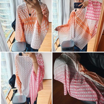 粉橘色 N種穿法 幾何漸變 薄棉圍巾披肩式夏季防曬上衣