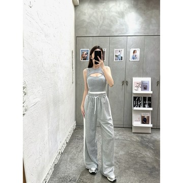 現貨 休閒大奶代表💓肩挖洞撞色背心+寬褲 set 可拆式手掌厚杯 彈力 下圍鬆緊 抽繩鬆緊腰 貼身背心 長褲套裝