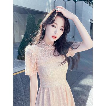 裙子夏季女性感氣質時尚溫柔風仙女法式別致高級感粉色蕾絲連衣裙