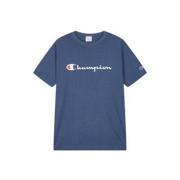 Champion 官方直營 男女款 AUTHENTIC 草寫LOGO短袖棉質T恤- 灰藍色(U6ASSSU546M-606)