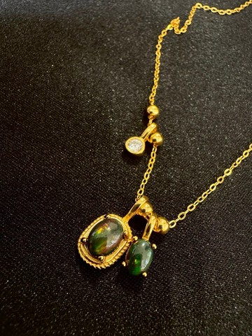 雙雙。s925 純銀 鍍18k 黑歐泊 蛋白石 項鏈 Silver Necklace