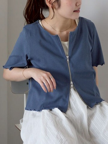 雙向拉鍊木耳捲邊短袖圓領上衣(0F001084210) - ehka sopo