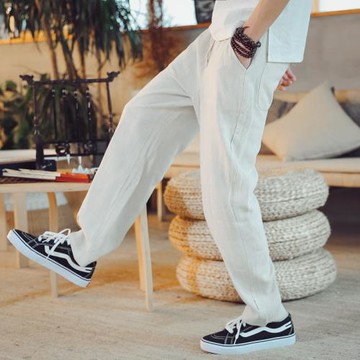 中國風亞麻褲子男春秋季休閑直筒長褲棉麻男裝大碼寬松哈倫闊腿褲