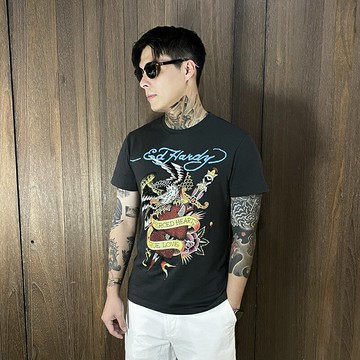 美國百分百【全新真品】Ed Hardy 短袖 棉質 T恤 男款 ED 老鷹 上衣 鐵灰 DD30