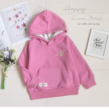 厚款 桃紅刺繡兔前口袋寶寶絨保暖連帽上衣 秋冬童裝 女童長袖 女童棉T 秋冬上衣 帽T 刷毛上衣