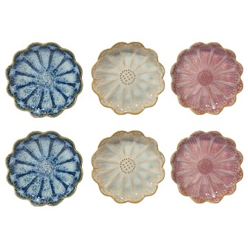 JUST HOME 日式線條質感陶瓷碟4.5吋  6件組陶瓷碟  白色 + 灰藍 + 粉色  1組