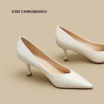 真皮尖頭白色高跟鞋女2025新款細跟氣質名媛高級法式走秀職業單鞋