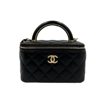 【CHANEL】香奈兒 小羊皮與金色金屬 鏈子化妝包 黑色 - AP2846B0846194305