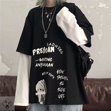 【可可裡】秋裝韓版ins復古寬鬆學生原宿風bf假兩件拼接長袖t恤女上衣打底衫