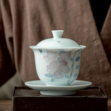 白瓷手工蓋碗手繪玉瓷三才蓋碗功夫茶具家用單個泡茶碗茶杯泡茶器