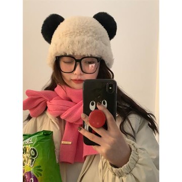 可愛小熊毛絨加厚可愛包頭毛線針織帽子女秋冬新款保暖百搭盆帽白