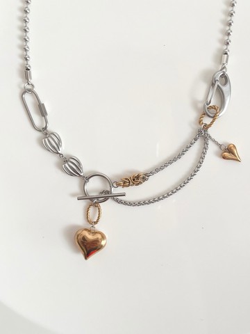 Heart 2way necklace silver gold 愛心 項鍊 頸鍊 銀色 不鏽鋼 誇張