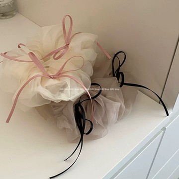 RIRI Shop｜韓國雙層粉色絲帶蝴蝶結網紗髮圈 布藝大腸髮圈 甜美超仙頭飾溫柔百搭髮飾