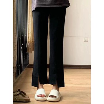 大碼微胖九分秋季休閑顯瘦褲子女小個子黑色設計感小眾開衩西裝褲