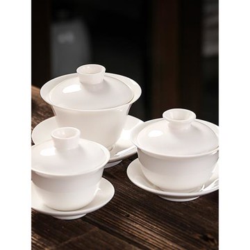 純白陶瓷蓋碗羊脂油白功夫茶具三才碗茶托大中小號泡茶敬茶杯單個