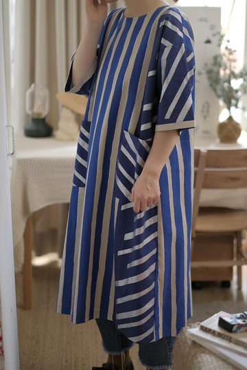 直落斜紋銀蔥 長版洋裝(群青藍)