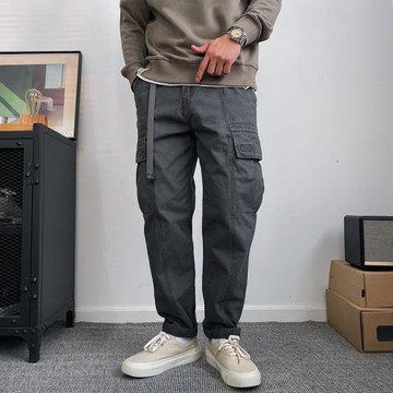 潮牌灰色水洗直筒工裝褲男寬松美式休閑褲機能束腳褲子日系長褲