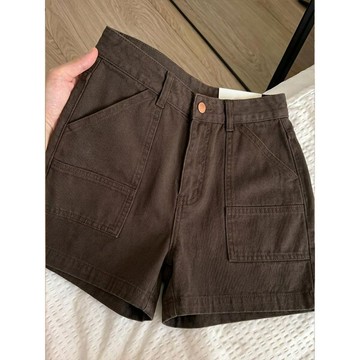 【臺灣出貨 免運】美式復古棕咖色工裝牛仔短褲女夏季大碼胖mm高腰顯瘦辣妹a字熱褲