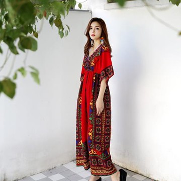 海南三亞春節泰國波西米亞異域風寬袖子V領收腰連衣裙長裙沙灘裙