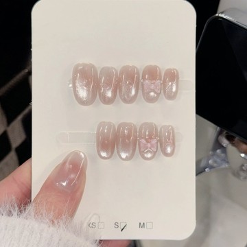✨台灣出貨✨粉調少女芭蕾貓眼法式玻璃珠溫柔高級顯白手工短款蝴蝶結美甲氣質