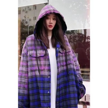 潮牌2026早春秋新款港風寬松紫色漸變連帽格子襯衫外套女情侶上衣