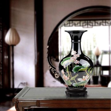 景德鎮陶瓷器 烏金釉花瓶粉彩荷花賞瓶 家居裝飾禮品博古架擺件