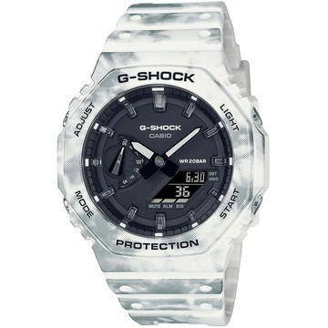 【CASIO】G-SHOCK大理石元素噴霧系列八角雙顯休閒錶-白X黑面(GAE-2100GC-7A)