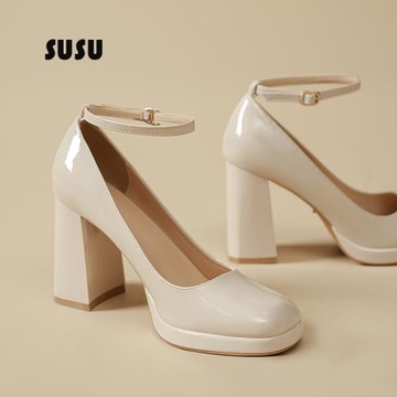 一字扣帶方頭高跟鞋女春秋7cm粗跟瑪麗珍防水臺不累腳米白色單鞋