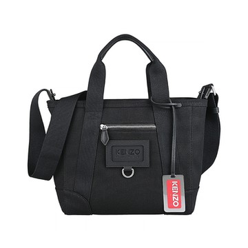 KENZO鐵牌吊飾LOGO優質厚帆布拉鍊手提斜背兩用托特包(小/黑)
