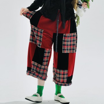 紅色植絨拼接休閒褲 / 蘿蔔褲 褲子