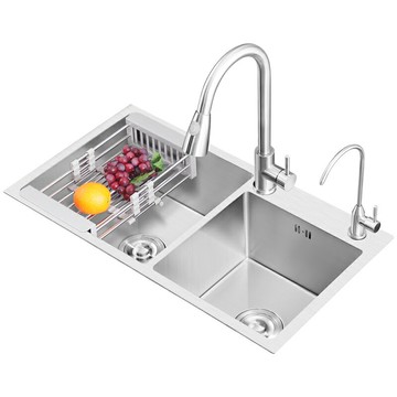 雙槽水槽 廚房水槽 大單槽 櫻花水槽雙槽廚房洗菜盆手工加厚304不鏽鋼家用洗碗池台上下水盆『XY40446』