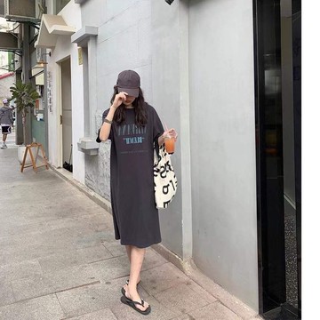 短袖連衣裙半袖遮肚過膝長款家居孕婦遮肉顯瘦純棉垂感t恤裙夏新款【倪醬】